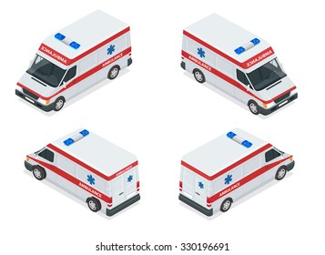 Ambulance Car. An emergency medical service, administering emergency care to those with acute medical problems. Flat 3d isometric vector illustration. For infographics and design games. 