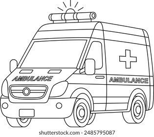 Ambulance car, emergency transportation outline coloring page for kids. Cute hospital vehicle clip art