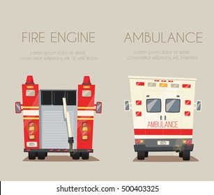 Ambulance car and Fire truck. Vector cartoon illustration. Emergency medical service. Hospital and clinic. Healthcare theme. First aid. Save health and life. American transport. Service