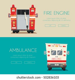 Ambulance car and Fire truck. Vector cartoon illustration. Emergency medical service. Hospital and clinic. Healthcare theme. First aid. Save health and life. American transport. Service