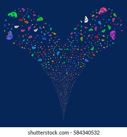 Ambulance Car fireworks stream. Vector illustration style is flat bright multicolored iconic symbols on a blue background. Object double fountain made from random icons.