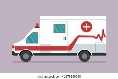Ambulance car. First aid for isolation, viruses and pandemics. A means for the safe transportation of patients, fast emergency care. Transport to help seriously ill patients. Modern vector flat icon