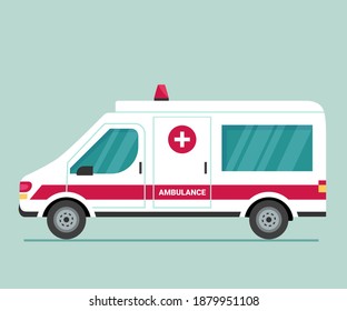 Ambulance car. First aid for isolation, viruses and pandemics. A means for the safe transportation of patients, fast emergency care. Transport to help seriously ill patients. Modern vector flat icon