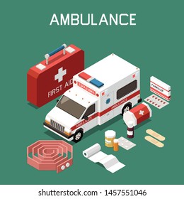 Ambulance car and first aid kit with plaster bandage medicine 3d isometric vector illustration