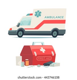 Ambulance car and first aid kit icons. Isolated objects on white background in flat cartoon style. Vector illustration.