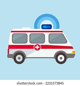 Ambulance car with the flasher on. Vector illustration in a flat style. Transport for emergency. Ambulance icon. Isolated illustration.