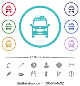 Ambulance car front view flat color icons in circle shape outlines. 12 bonus icons included.