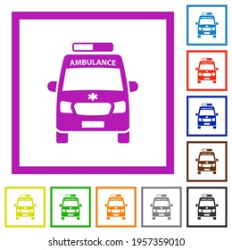 Ambulance car front view flat color icons in square frames on white background