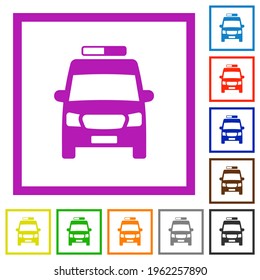 Ambulance car front view flat color icons in square frames on white background
