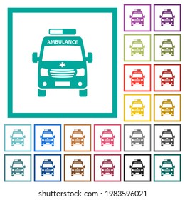 Ambulance car front view flat color icons with quadrant frames on white background