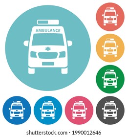 Ambulance car front view flat white icons on round color backgrounds