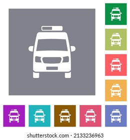Iconos planos de vista frontal del coche de ambulancia sobre fondo cuadrado de color sencillo