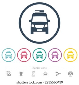 Iconos de color plano de la vista frontal del coche de ambulancia en contornos redondos. 6 iconos de bonificación incluidos.