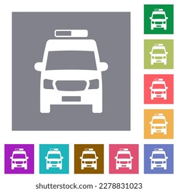 Iconos planos de vista frontal del coche de ambulancia sobre fondo cuadrado de color sencillo