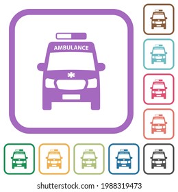 Ambulance car front view simple icons in color rounded square frames on white background