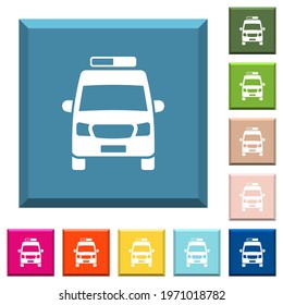 Ambulance car front view white icons on edged square buttons in various trendy colors
