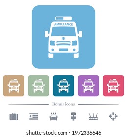Ambulance car front view white flat icons on color rounded square backgrounds. 6 bonus icons included