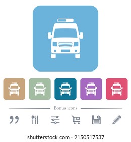 Ambulance car front view white flat icons on color rounded square backgrounds. 6 bonus icons included