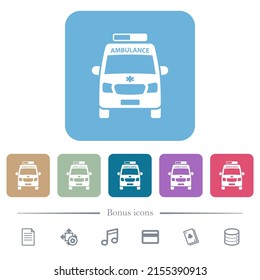 Ambulance car front view white flat icons on color rounded square backgrounds. 6 bonus icons included