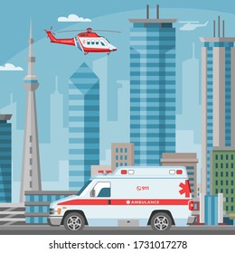 Ambulance car and helicopter medical emergency transport service in city, cityscape with skyscrappers vector illustration. Doctors visit to patient ambulance rescue transportation van with sirene.