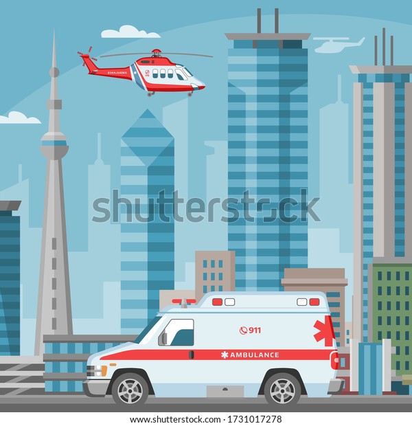Ambulance car and helicopter medical emergency\
transport service in city, cityscape with skyscrappers vector\
illustration. Doctors visit to patient ambulance rescue\
transportation van with\
sirene.