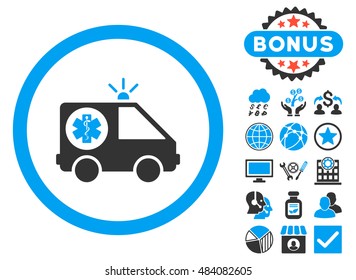 Ambulance Car icon with bonus design elements. Vector illustration style is flat iconic bicolor symbols, blue and gray colors, white background.