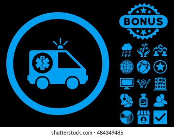 Ambulance Car icon with bonus pictogram. Vector illustration style is flat iconic symbols, blue color, black background.