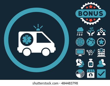 Ambulance Car icon with bonus pictogram. Vector illustration style is flat iconic bicolor symbols, blue and white colors, dark blue background.