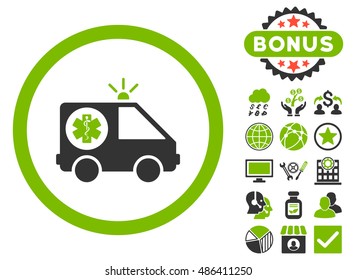 Ambulance Car icon with bonus pictures. Vector illustration style is flat iconic bicolor symbols, eco green and gray colors, white background.