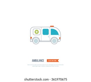 Ambulance car icon in flat design style, vector illustration. Color line icons