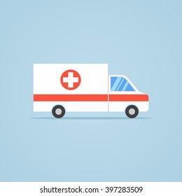 Ambulance car icon in flat design style isolated on blue background. Vector illustration.
