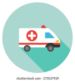 Ambulance car icon. Flat round button with long shadow.