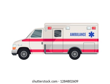 Ambulance Car icon in flat style isolated on white background. Side view. Vector illustration.