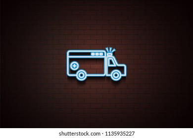 ambulance car icon in Neon  on dark brick wall background