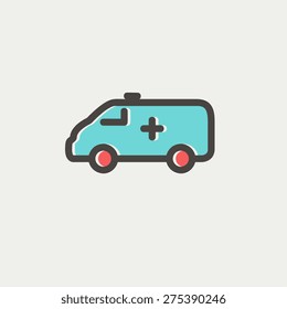 Ambulance car icon thin line for web and mobile, modern minimalistic flat design. Vector icon with dark grey outline and offset colour on light grey background.