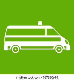Ambulance car icon white isolated on green background. Vector illustration