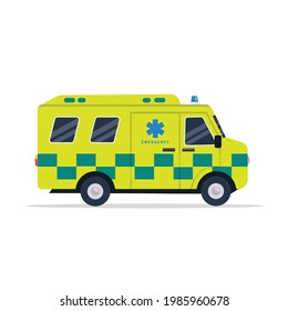 Ambulance car isolated on background. Yellow  and green ambulance medical service in flat style. Vehicle emergency. Vector stock