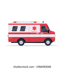 Auto de ambulancia aislado en el fondo. Servicio médico de ambulancias rojas y blancas en estilo plano. Emergencia del vehículo. Material vectorial