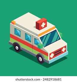 Ambulance car isolated on blue background. Medical vehicle or emergency service concept. Vector illustration.