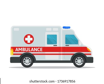 Ambulance car, isolated on white background, flat design element, cartoon style, side view. White van car with red lines and cross, blue siren on roof top.