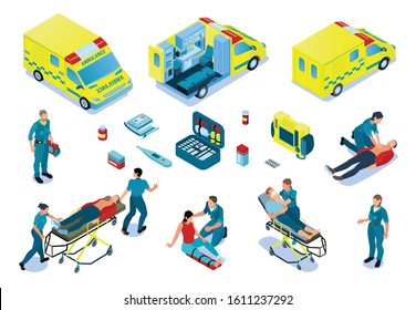 Ambulance car isometric set with paramedics providing first aid victim persons after accidents or assisting sick vector illustration