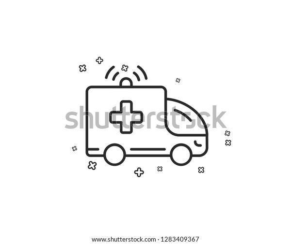 Ambulance car line icon. Medical emergency\
transport sign. Geometric shapes. Random cross elements. Linear\
Ambulance car icon design.\
Vector