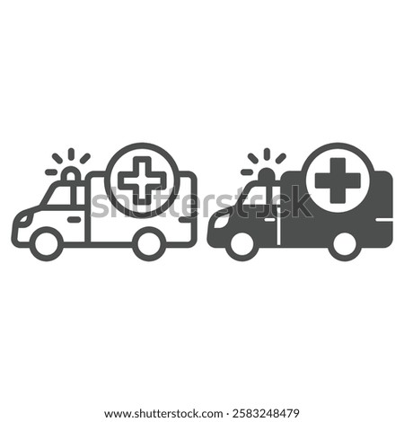 Ambulance car line and solid icon, medical emergency service concept. Vector graphics. Bus with plus sign on white background, outline style icon for mobile or web design