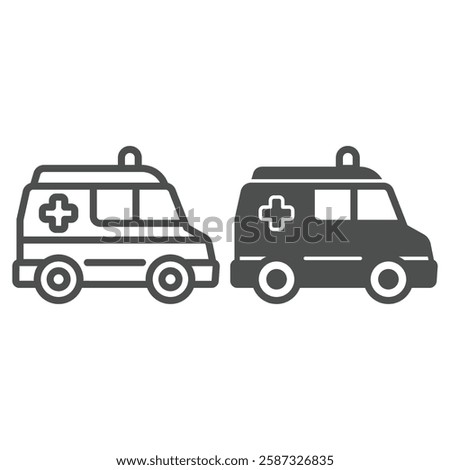 Ambulance car line and solid icon, emergency service concept. Vector graphics. Paramedic rescue van with siren lamp, plus sign on white background, outline style icon for mobile or web design