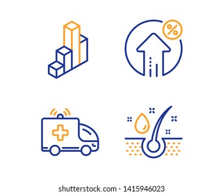 Ambulance car, Loan percent and 3d chart icons simple set. Serum oil sign. Emergency transport, Growth rate, Presentation column. Healthy hairs. Linear ambulance car icon. Colorful design set. Vector