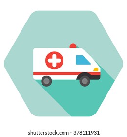 Ambulance Car long shadow vector icon. Style is a flat symbol on a colored rounded hexagon button with longshadow.