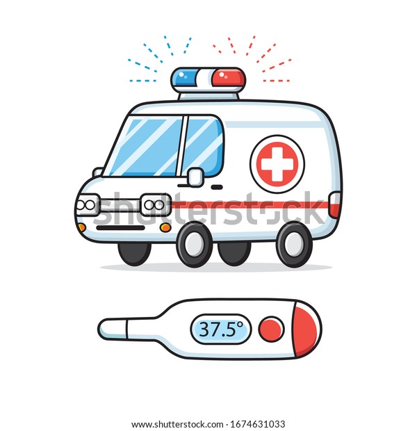 Ambulance\
car and medical digital thermometer with flu or COVID-19\
coronavirus fever temperature, diagnostics and emergency\
hospitalization cartoon vector\
illustration.