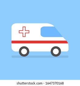 Ambulance car on blue background. Medical evacuation. Ambulance emergency. First aid. Vector illustration