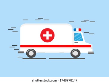 Ambulance car on blue background. Ambulance auto paramedic emergency. Ambulance vehicle medical evacuation. Vector illustration .