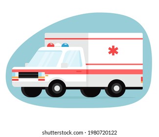 Auto de ambulancia sobre fondo azul. Evacuación médica de una ambulancia. Silueta de ambulancia de dibujos animados sobre fondo azul. Ilustración del vector